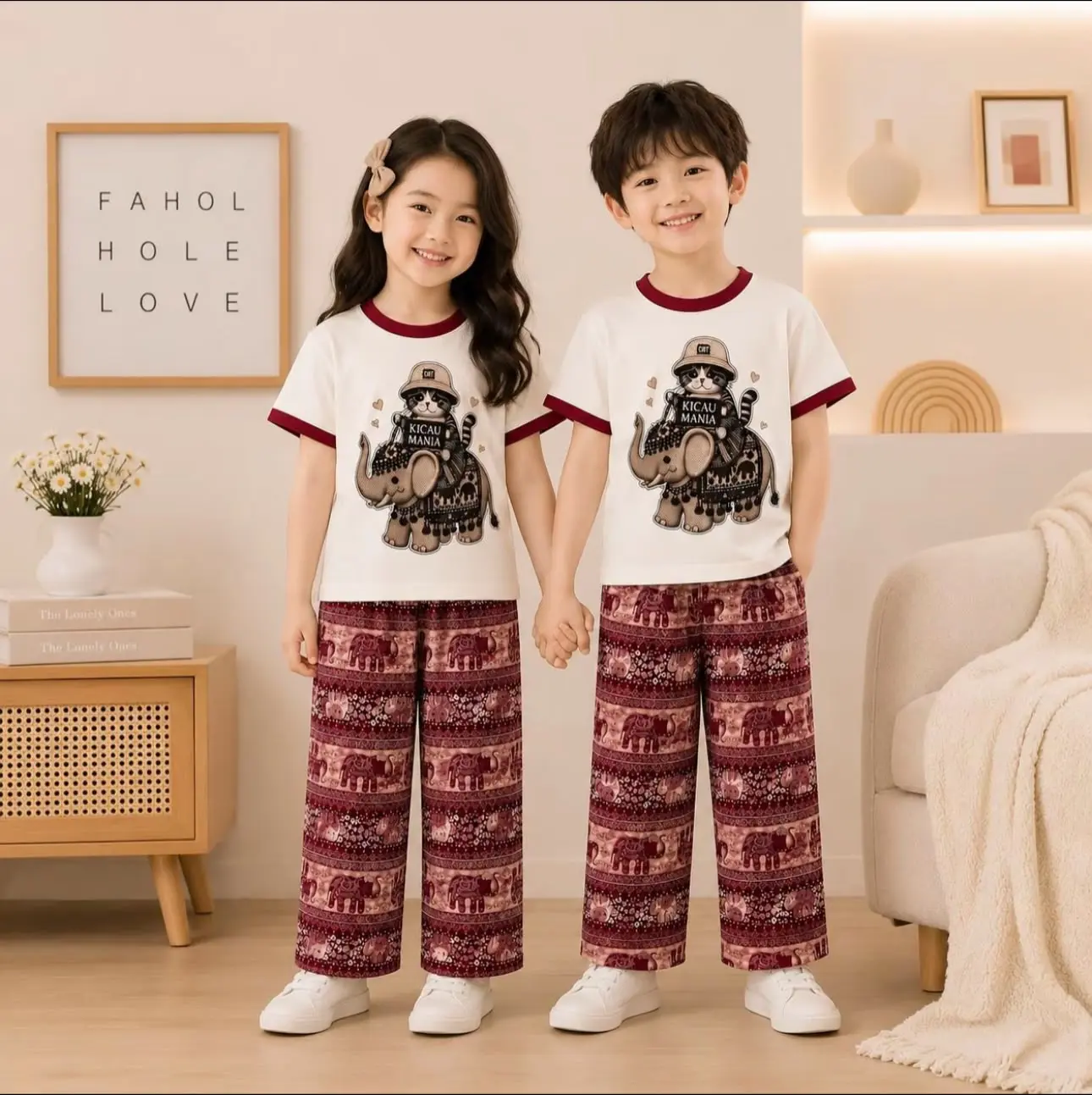 Setelan Anak Perempuan Celana Mihu Mihu Motif Gajah & Kicau Mania Kekinian Kaos Kicau Mania Usia 3-12 Tahun