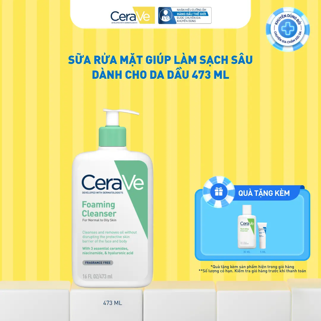 Sữa rửa mặt giúp làm sạch sâu dành cho da dầu Cerave Foaming Facial Cleans 473ML, tạo bọt làm sạch sâu dịu nhẹ và cung cấp độ ẩm cho da. Chăm sóc da_Sữa rửa mặt_Skincare cho Nam và Nữ_Cleansing
