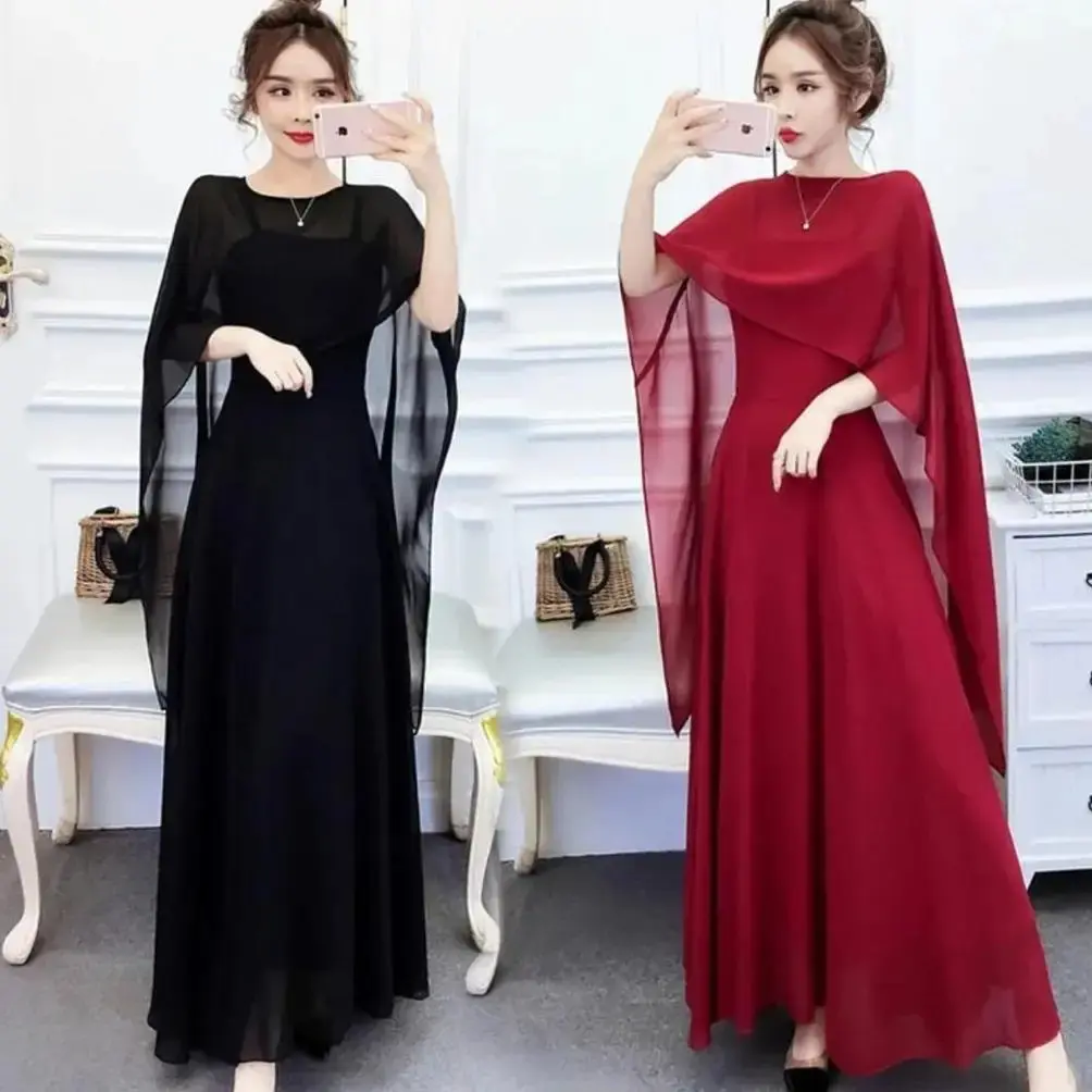 Gaun Panjang Wanita 2 Potong Setelan Muslim Gaun Pesta Formal Wanita Gaun Panjang Tanpa Lengan Sifon + Selendang