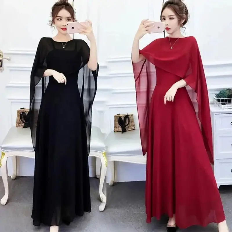 Gaun Panjang Wanita 2 Potong Setelan Muslim Gaun Pesta Formal Wanita Gaun Panjang Tanpa Lengan Sifon + Selendang 0