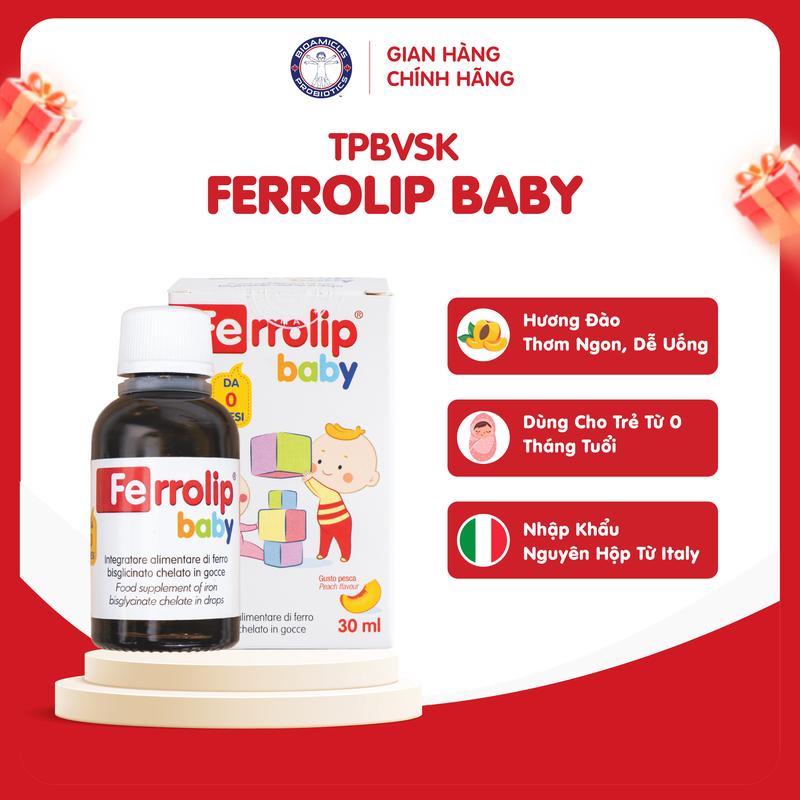 Sắt Ferrolip Baby dạng siro vị đào thơm ngon 30ml Dùng Cho Bé Từ 0 Tháng Tuổi