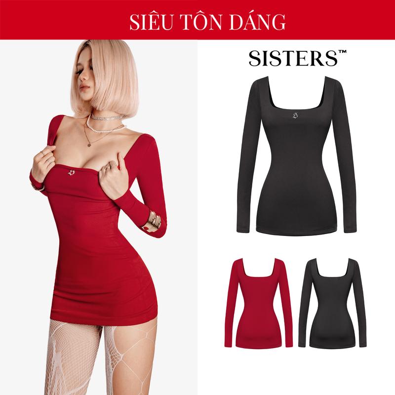  Đầm body tay dài cổ vuông SISTERS đính logo inox thun sọc nhí ôm sát tôn dáng màu đỏ đen Giada | SS-D62 