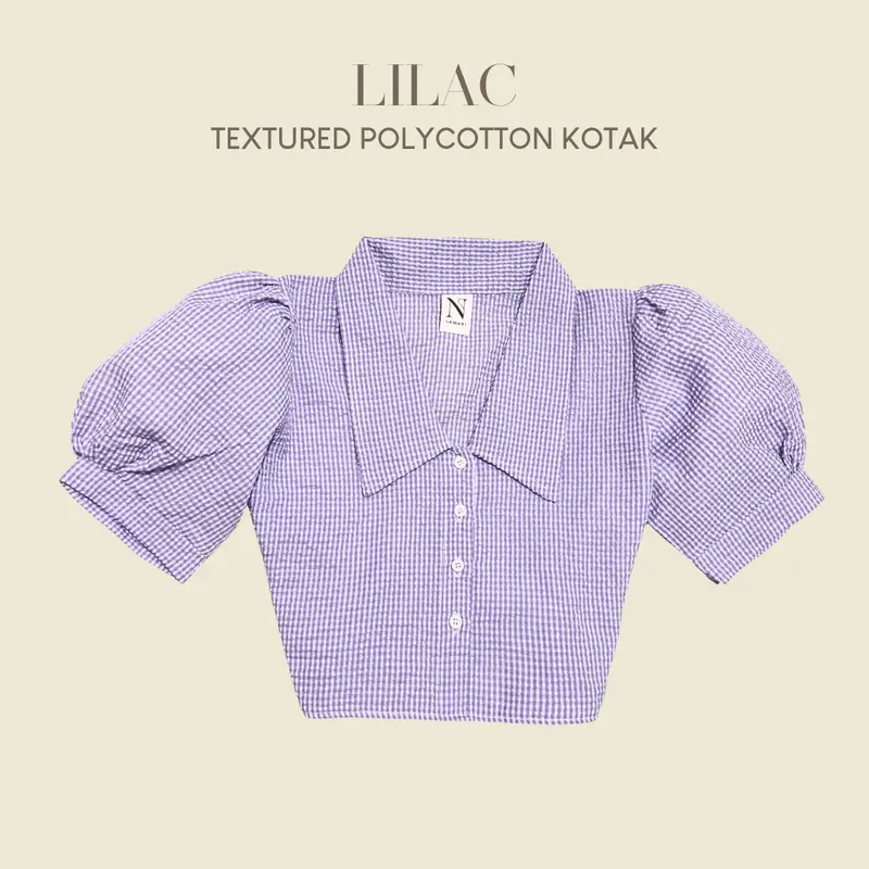 NAMARI - Alice Top - Baju Kemeja Croptop Lengan Balon Kotak Plaid Korean Wanita Fitted Press Body Motif Pendek Atasan Basic Katun Polyester 2