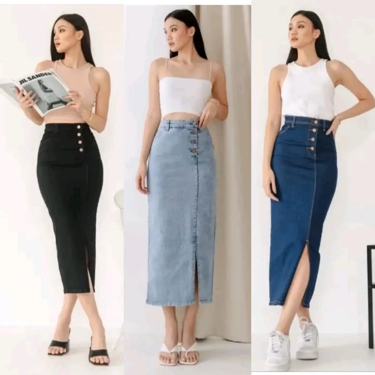 Rok Jeans Panjang Wanita Jumbo / Rok Jeans Span Wanita Kancing 5 Model Belah Depan / Rok Denim Wanita Stretch Cewek rok belah tengah