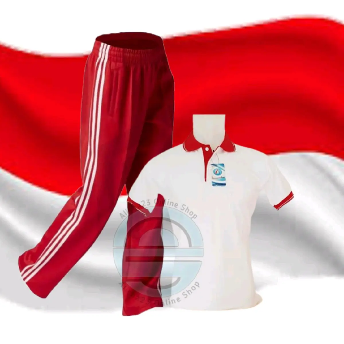 Setelan Kaos kerah Merah Putih lengan pendek seragam celana training merah putih dewasa sport uniseks terbaru Olahraga