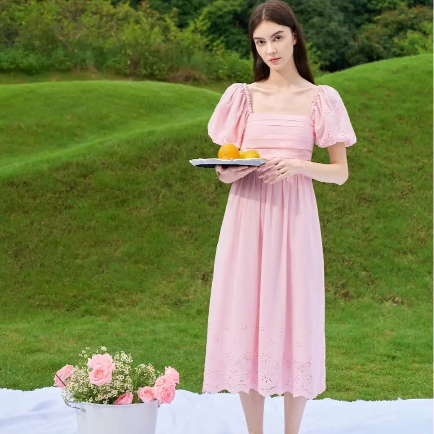 Genni Eyelet Sleeved Dress in Pink colour