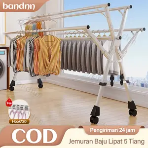 Jemuran Baju Lipat 5 Tiang Dengan Roda Jemuran Baju Lipat Stainless Steel Jemuran Pakaian Super Kuat Kokoh Dan Anti Kara Roda GiGi Klien Anti-angin