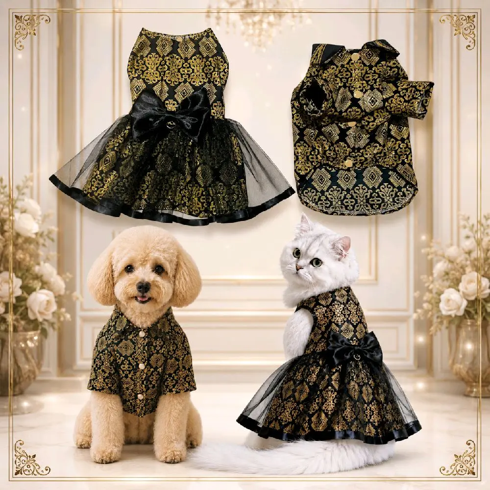 Migo Design LIMITED 51 Baju Couple Batik Songket Hitam Emas Mewah Elegant Simple Dress & Koko Kemeja Kucing/Anjing Rok Tutu Tile Gliter Ramadan Lebaran Pakaian AnaBul Hewan Peliharaan Jantan Betina Pet Costume