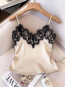 Top halter color champán, blusa con cuello en V y ribete de encaje, ajuste entallado, moda elegante para mujer, uso diario/de noche, estilo romántico maduro