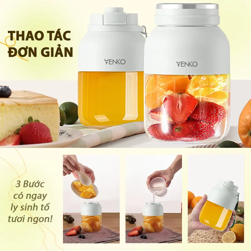 Máy xay sinh tố Venko VK-PB1300 Dung tích 1300ml Lưỡi dao 10 cánh Xay mạnh mẽ Máy xay sinh tố cầm tay không dây dùng pin 6