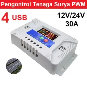 Smart Battery Charger PWM 12V 24V 30A USB Panel Tenaga LCD Kecerdasan Auto Mengatur Solar Panel Surya LED Indicator Display