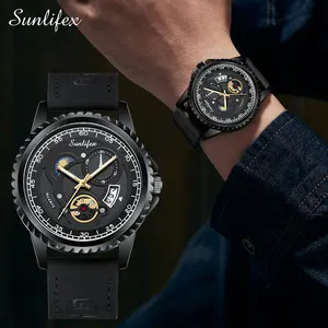 【003Harga telah diganti, cepat beli】Sunlifex Jam Tangan Pria Quartz Tanggal Luminous Kuarsa Mode Tali Kulit Jam Tangan Cowok    SL9114