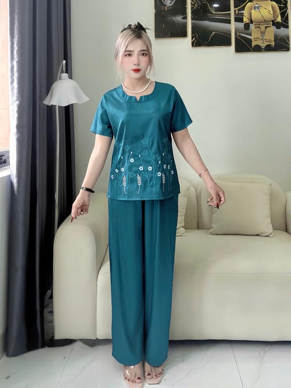 Đồ Bộ Trung Niên FREESHIP - Đồ Bộ Thêu Hoa Cho Mẹ Vãi Lụa Vân Gỗ QC KYMSHOP Mã ĐB01-04 Fullsize Dưới 76kg.