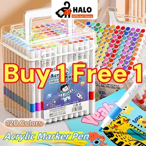 【Halo】Spidol Akrilik 120 Warna Tinta Berkualitas Tinggi Warna Cerah Cepat Kering Tahan Cahaya Kotak Persegi Portabel Alat Seni Melukis
