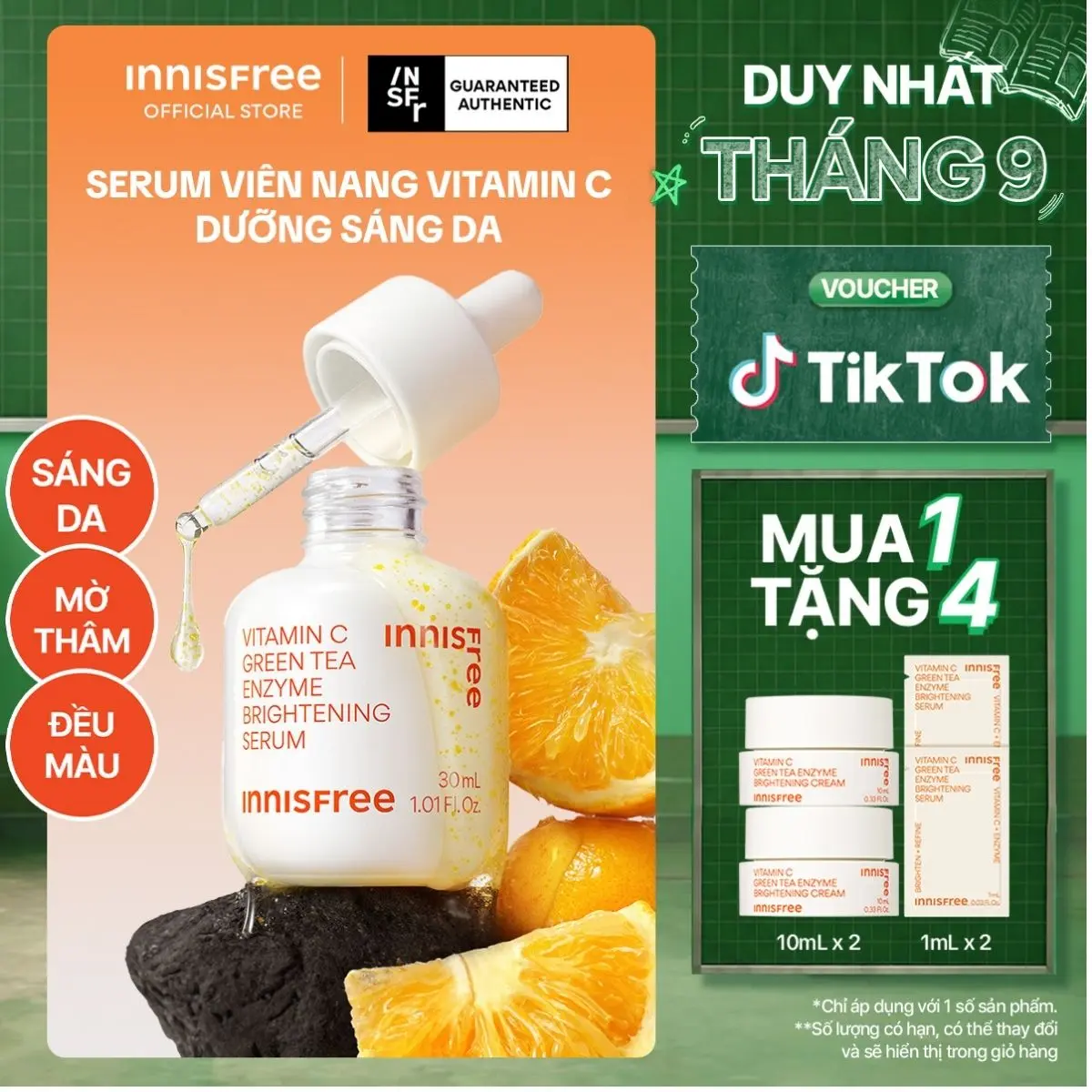 Serum Vitamin C sáng da, mờ thâm mụn INNISFREE Green Tea Enzyme Brightening Serum
