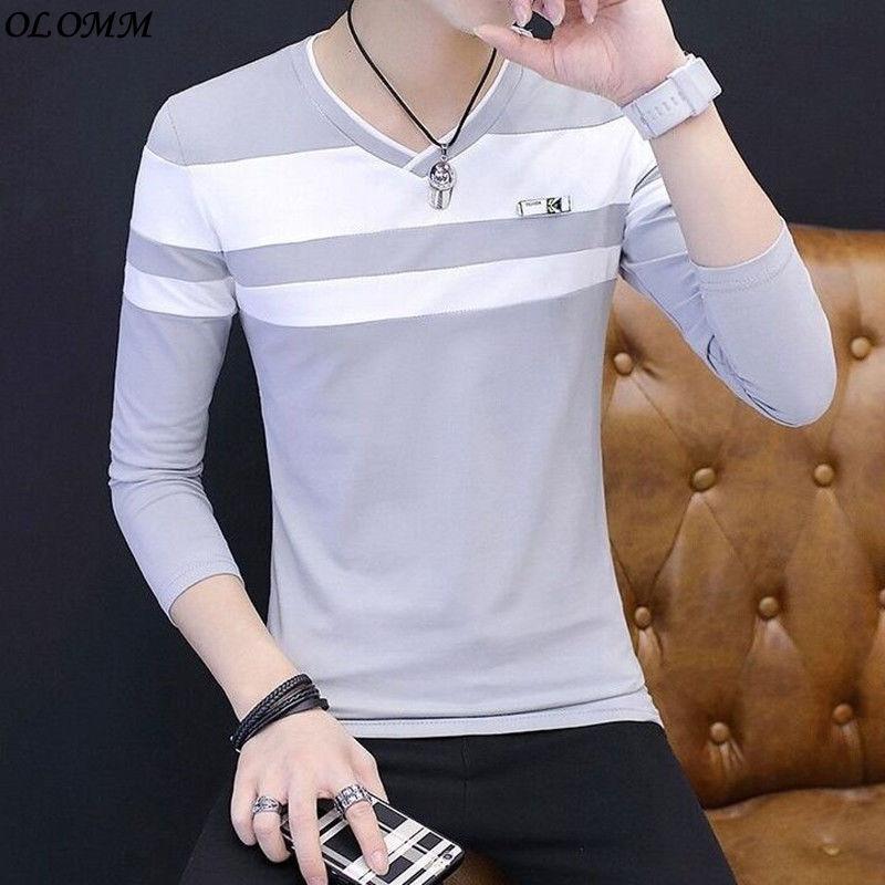 áo Thun Nam, Hàng Mới Về Mùa Thu, Chất Liệu Cotton, Dài Tay, Sọc, Cổ Chữ V, Phong Cách Hàn Quốc, Áo Nam Lớn 5