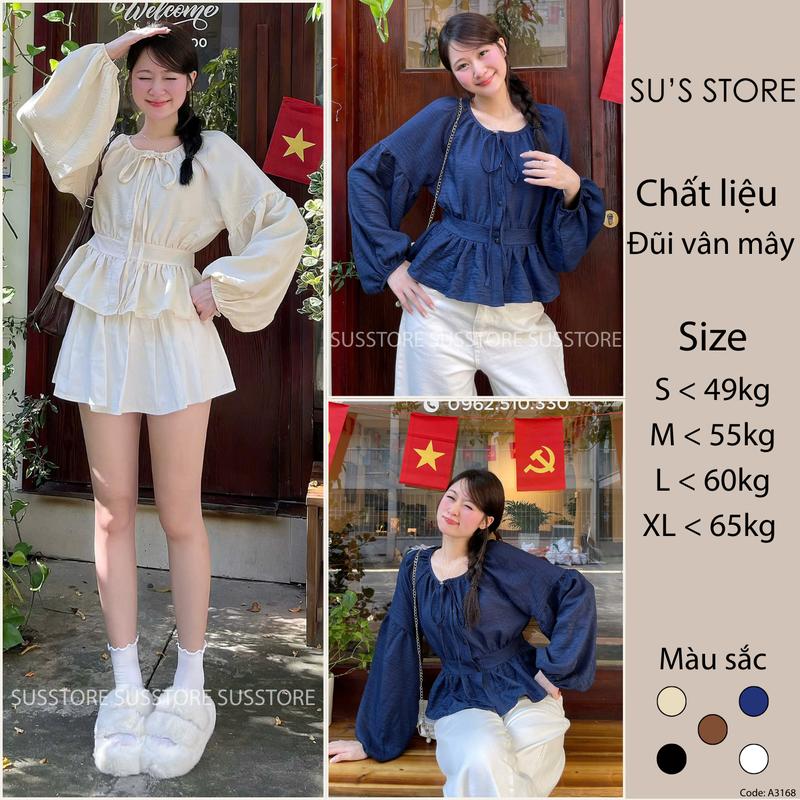 Áo Sơ Mi Cổ Nơ Tay Bồng Thân Bo Eo Chun Lưng Chất Đũi A3168 Susstore Thời Trang Nữ