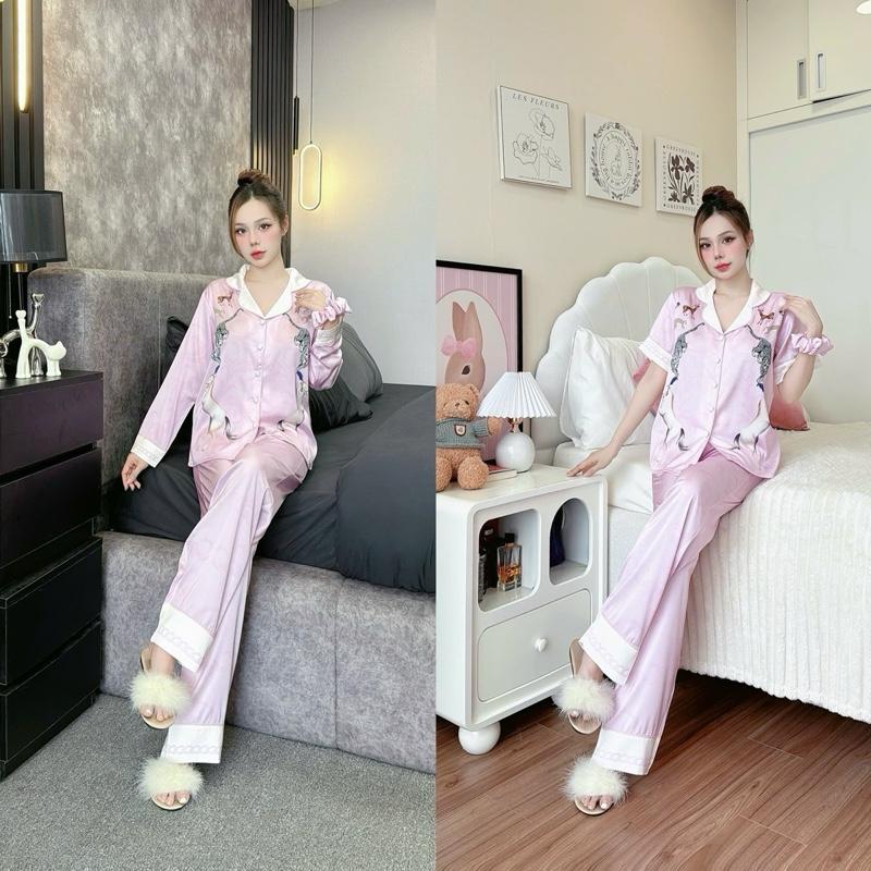 LATIN SPK (K23) (45kg-85kg) - Pijama lụa latin thiết kế hoạ tiết hình con vật trên nền màu hồng sang trọng có tay dài tay ngắn,  Nữ Quần Ngủ Áo Ngủ  Kem Women