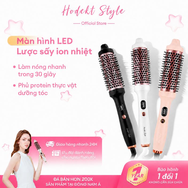 Bàn chải nhiệt HODEKT 4 trong 1, Tạo kiểu tóc layer, uốn xoăn, duỗi thẳng, cụp đuôi, chăm sóc tóc bằng ion âm, với màn hình LED