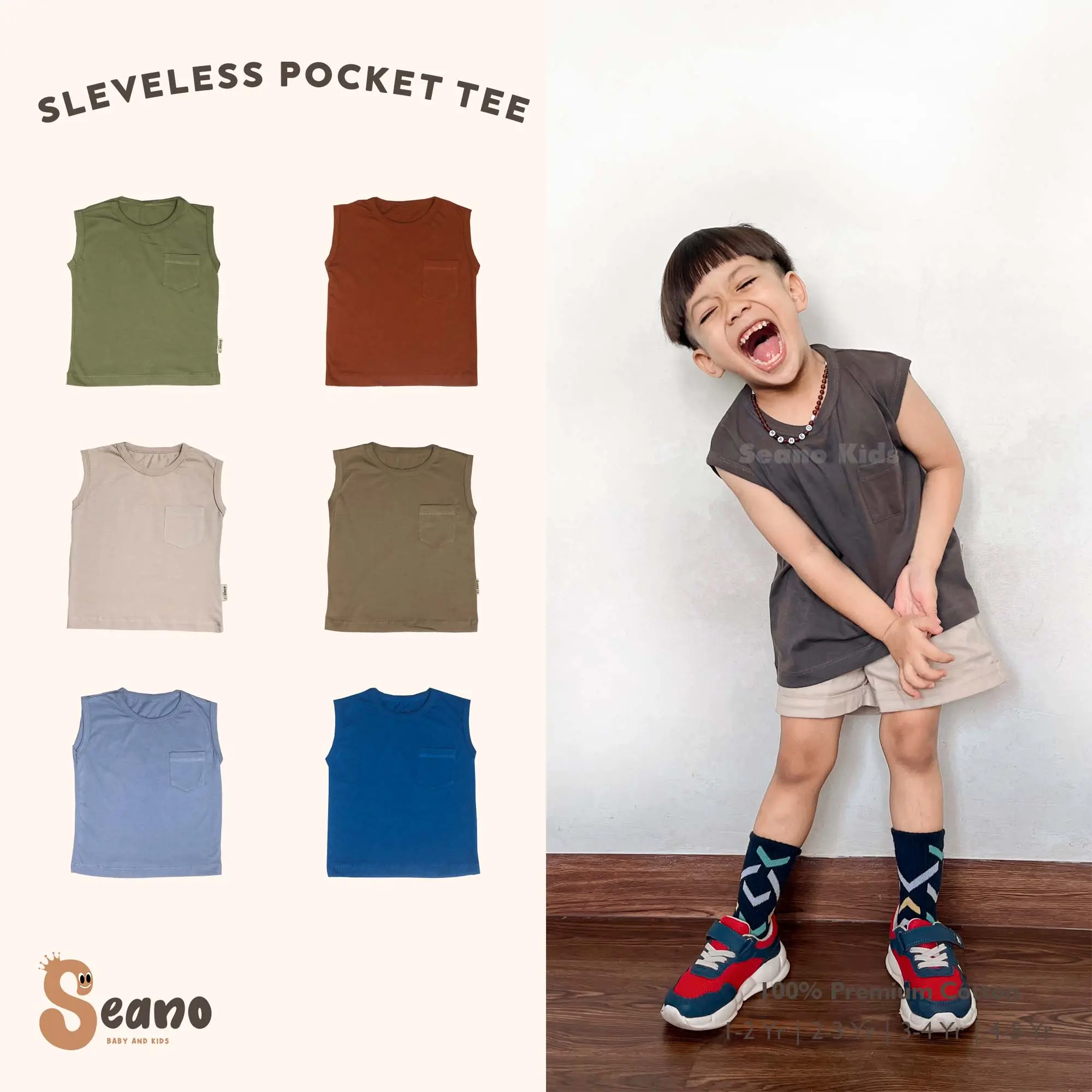 Kaos Singlet Anak - Sleeveless Pocket Tee Anak Polos Katun 1-5 Tahun Laki-Laki Perempuan - Kaos Kutung Tanpa Lengan Cotton - Baju Anak