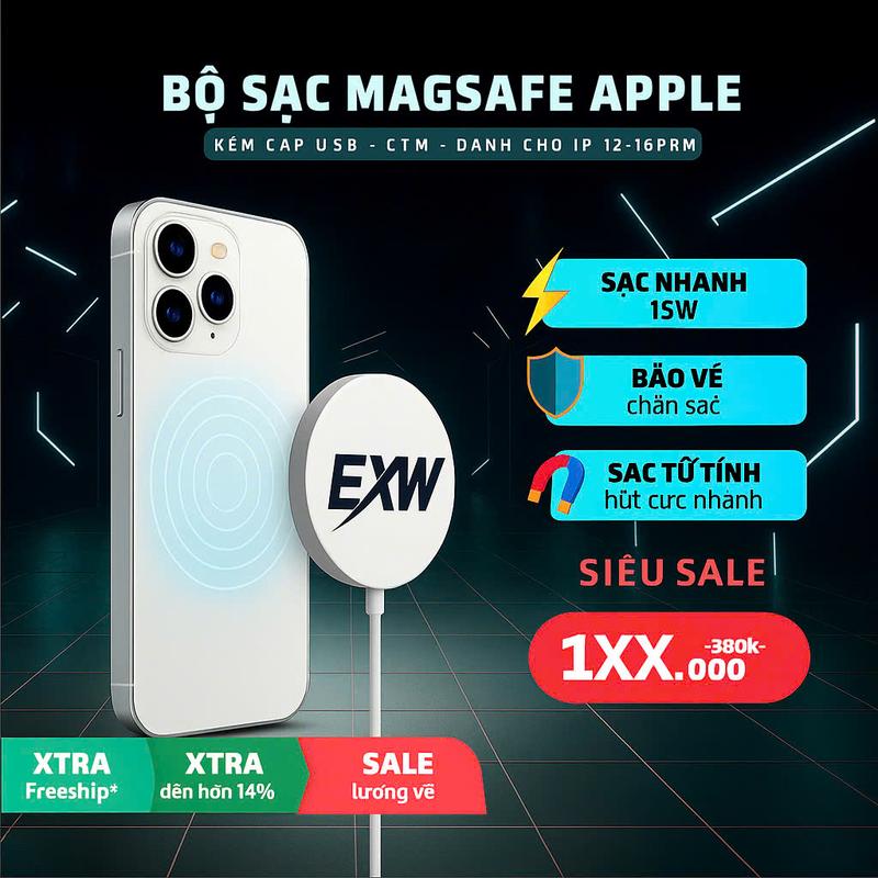  EXW Sạc từ tính MagSafe cho iPhone 12 13 14 15 16 17 sạc nhanh 15W không dây hút chặt mặt lưng hỗ trợ sạc Qi phụ kiện USB thiết kế sang trọng chất liệu cao cấp 
