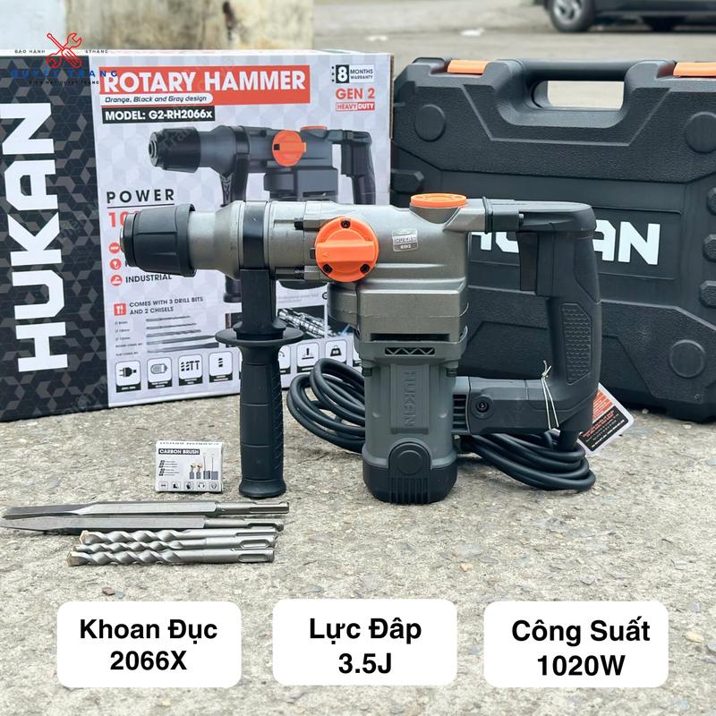 Máy Khoan Đục Điện Hukan Gen 2 G2-RH 2066 x 2 Chức Năng Công Suất 1020W Lực Đập 3.5J Tặng Kèm 2 Mũi Đục 3 Mũi Khoan