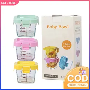 KOI STORE  Baby Food Glass Container 3 Pcs x 160ml | Wadah Penyimpanan Makan Kaca Anak MPASI Kedap Udara Bayi