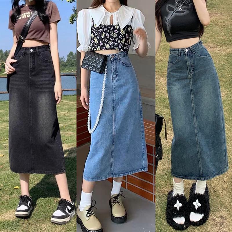 Chân Váy jean Dài Thời Trang BigSize 55-90kg Cạp Cao Dáng suông Dài Thanh Lịch Rẻ Đẹp Xẻ Sau Phom chữ A Dáng Dài Qua Gối 80cm 4535 4534 Nữ Women Khuy chân váy