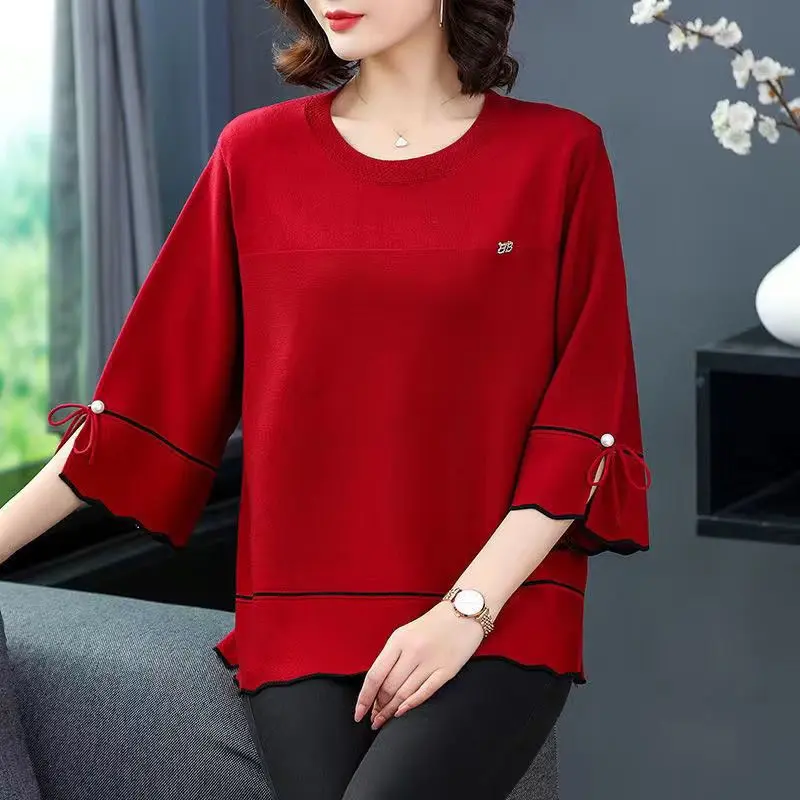 Áo Thun Lụa Lạnh Tay Áo Ba Phần Tư Cho Mẹ Trung Niên, Ngoại Cỡ, Dệt Kim, Lớp Cơ Sở, Dáng Rộng, Vừa Vặn, Ẩn Bụng