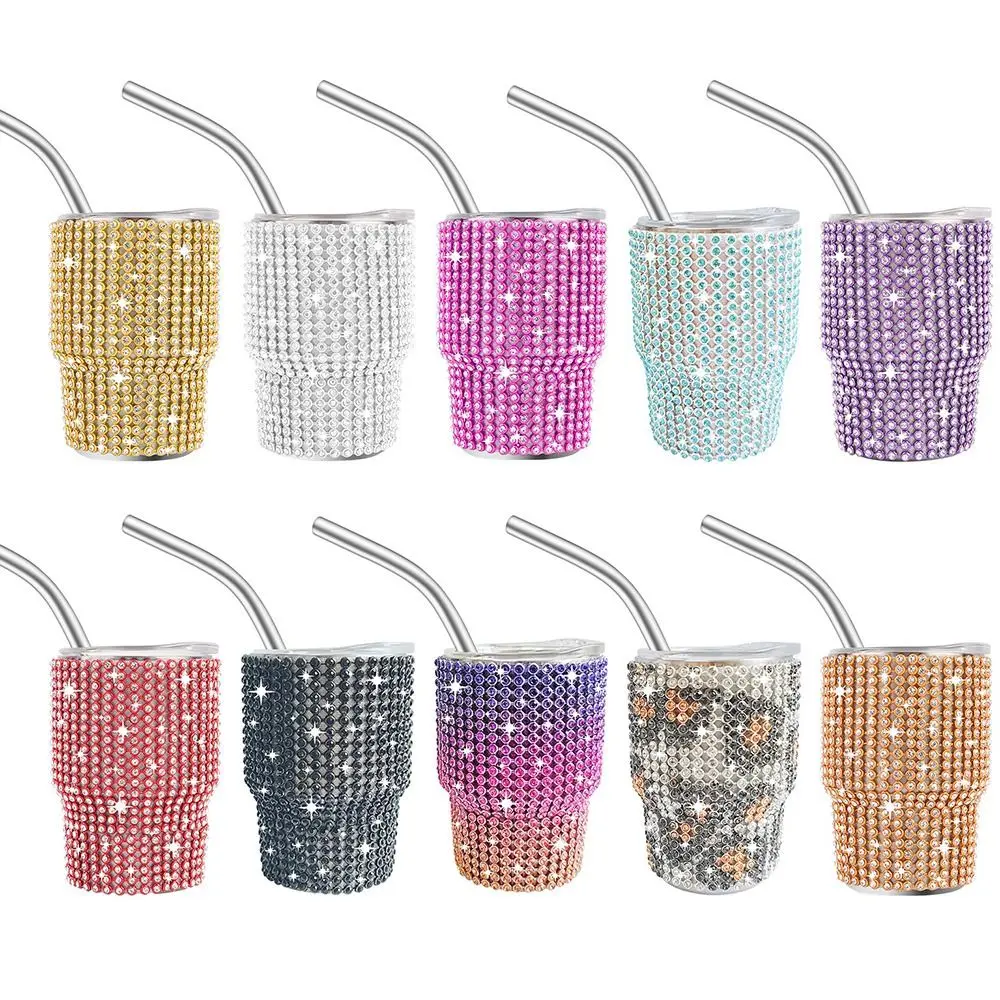Bling Mini Tumbler Shot Glass Cute with Steel Straw Sparkling Water Cup Studded Stainless Steel Tumbler for Party