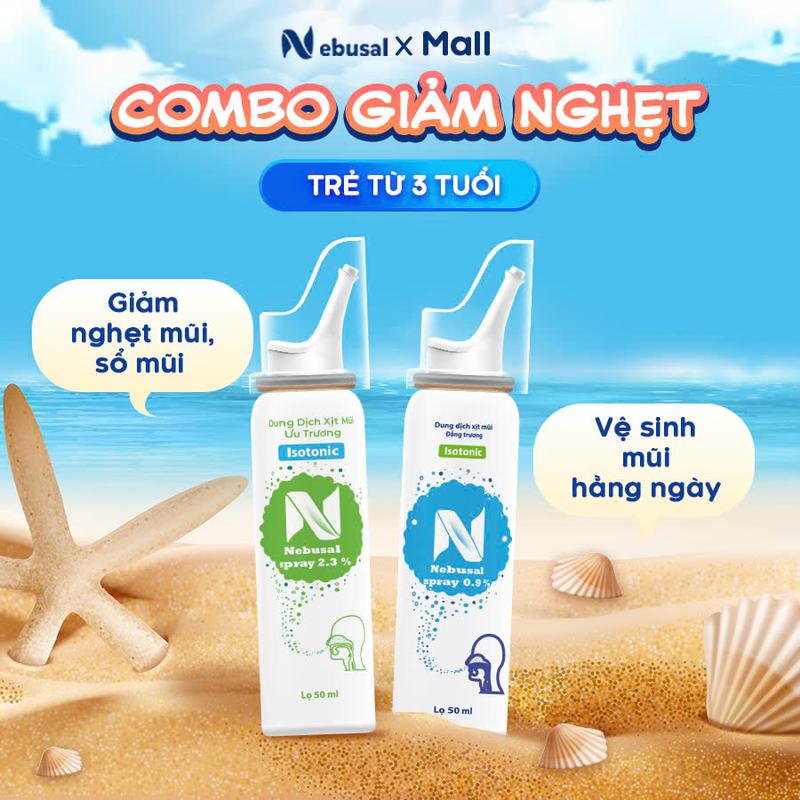 Bộ Đôi Xịt Mũi Giảm Nghẹt Mũi Sổ Mũi Vệ Sinh Hằng Ngày Và Ngăn Ngừa Các Bệnh Đường Hô Hấp Cho Bé Nebusal 2,3% và Nước Muối Sinh Lý Nebusal - Chai 50ml