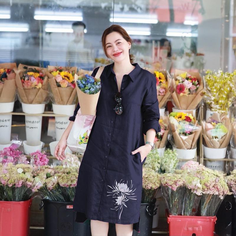 Váy Nữ Sơ Mi LingLing [45-85kg], Váy thiết kế hoa thêu có lớp lót, đầm thiết kế sang chảnh dáng suông chất liệu đũi tơ xước lên dáng cực sang