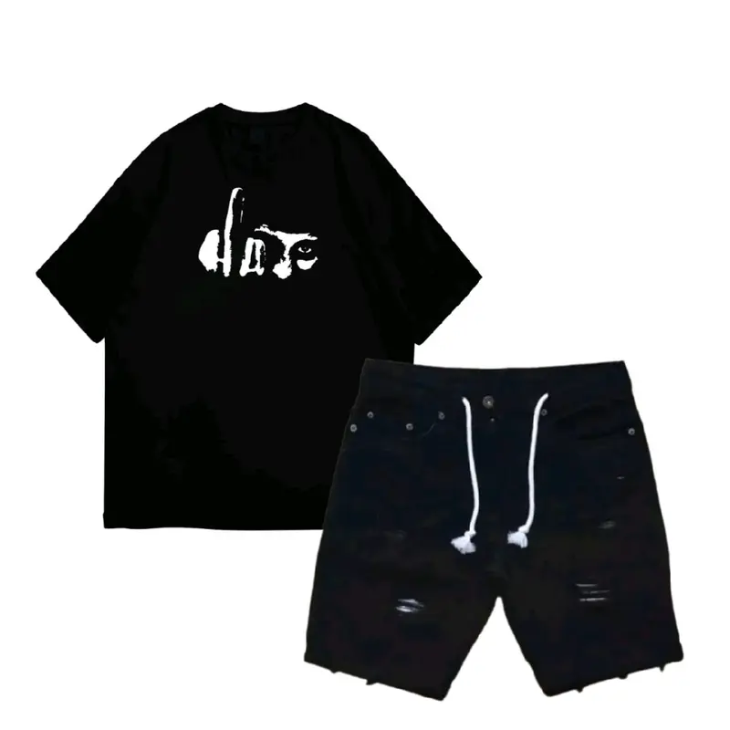 Setelan kaos distro motif HATE YOU dan celana jeans sobek pendek 3