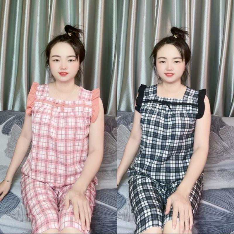 T02 40-80kg SET ĐỒ BỘ NỮ MẶC Ở NHÀ QUẦN LỬNG LỤA KHÔNG TÚI VIỀN NƠ MẶC NHÀ DỄ THƯƠNG SỌC CARO TO Women Áo