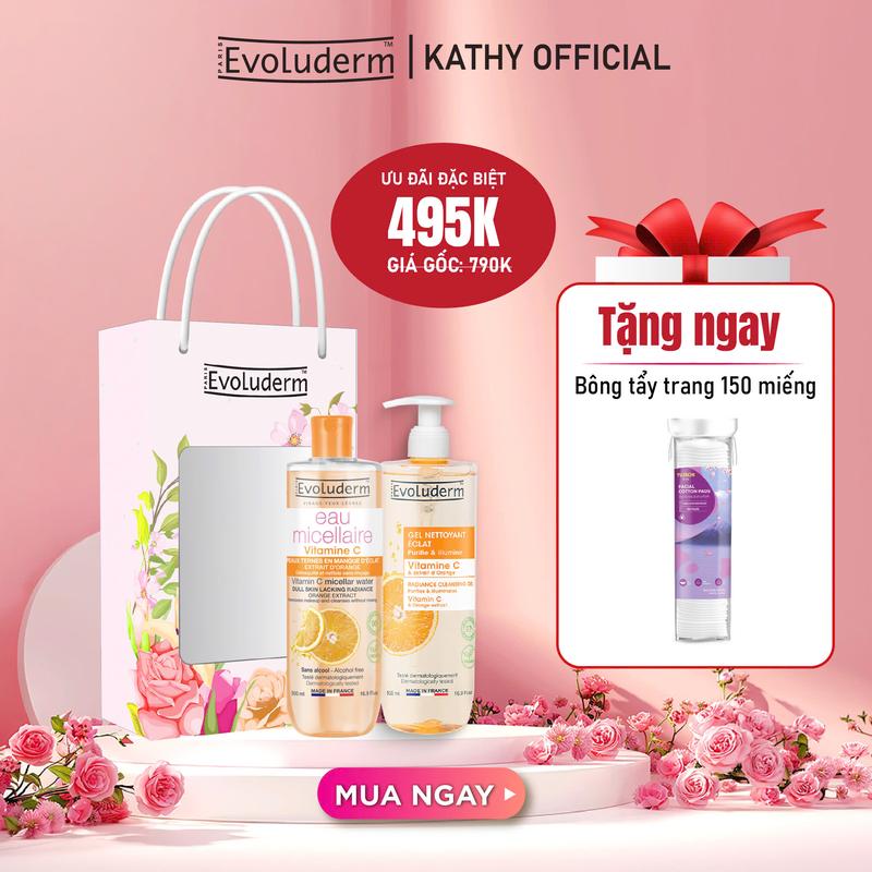 [Kathy] Combo hộp quà 20/10 Gel rửa mặt + tẩy trang tinh chất Vitamin C Evoluderm 500mlx2