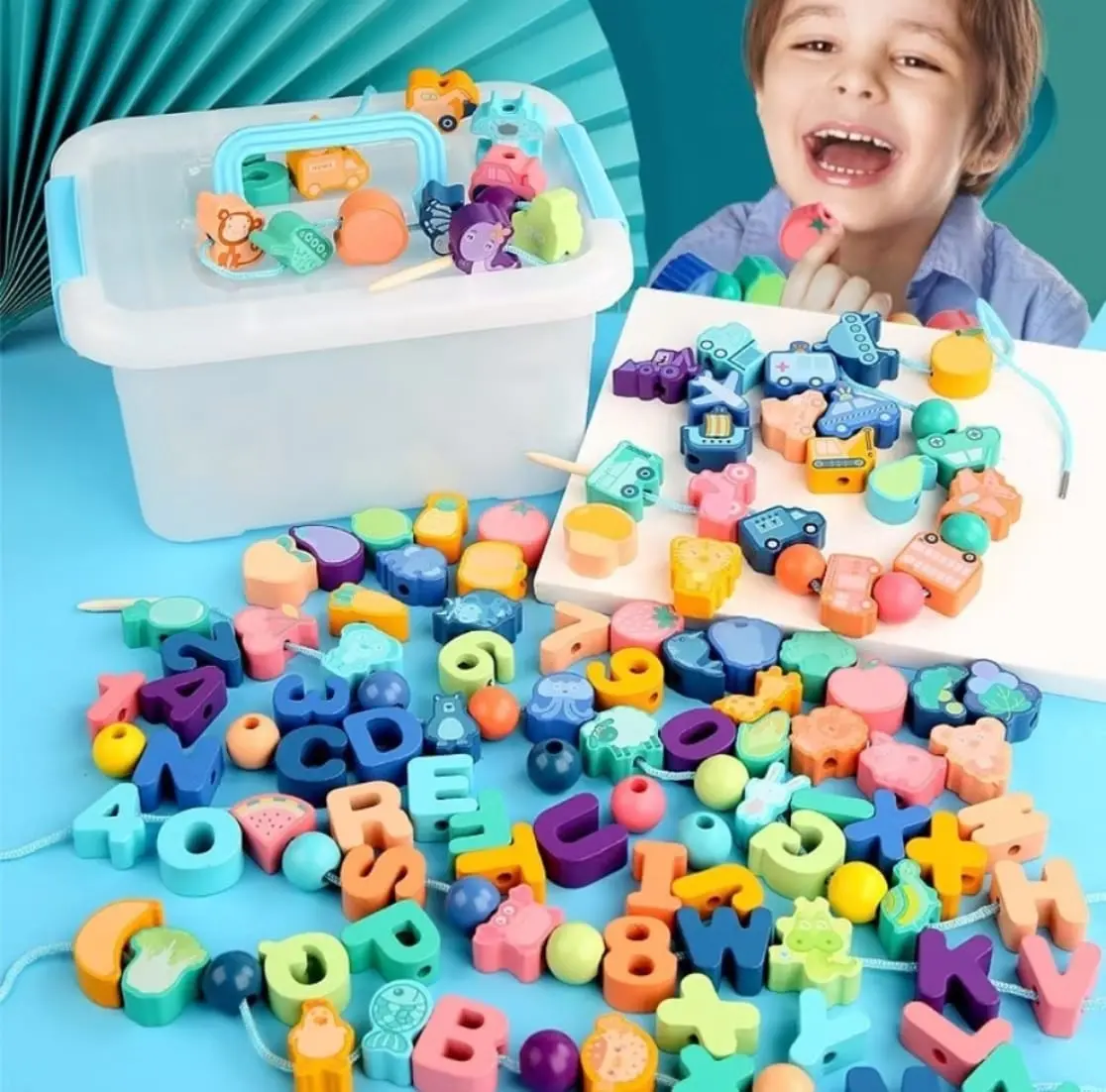 MAINAN EDUKASI ANAK KAYU 3D BLOK BANGUNAN MERONCE MOTIF ALFABET ANGKA HURUF BUAH