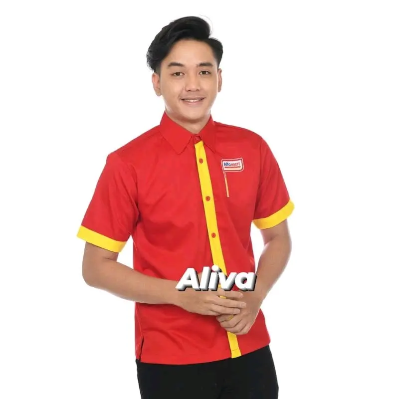 Kemeja Seragam Kerja Pria Wanita Kemeja Bordir Alfamart Atasan Baju Karyawan Alfamart Tangan Pendek Bordir Katun Merah