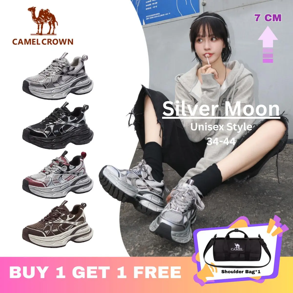 【Silver Moon】CAMEL CROWN รองเท้ากีฬารองเท้าผ้าใบสำหรับผู้หญิง พื้นหนา 7 ซม./8 ซม. 2025 รองเท้าส้นหนาใหม่ รองเท้าลำลองแฟชั่น L24A255753/L24A283742A/L24A283742AM/L25S283005