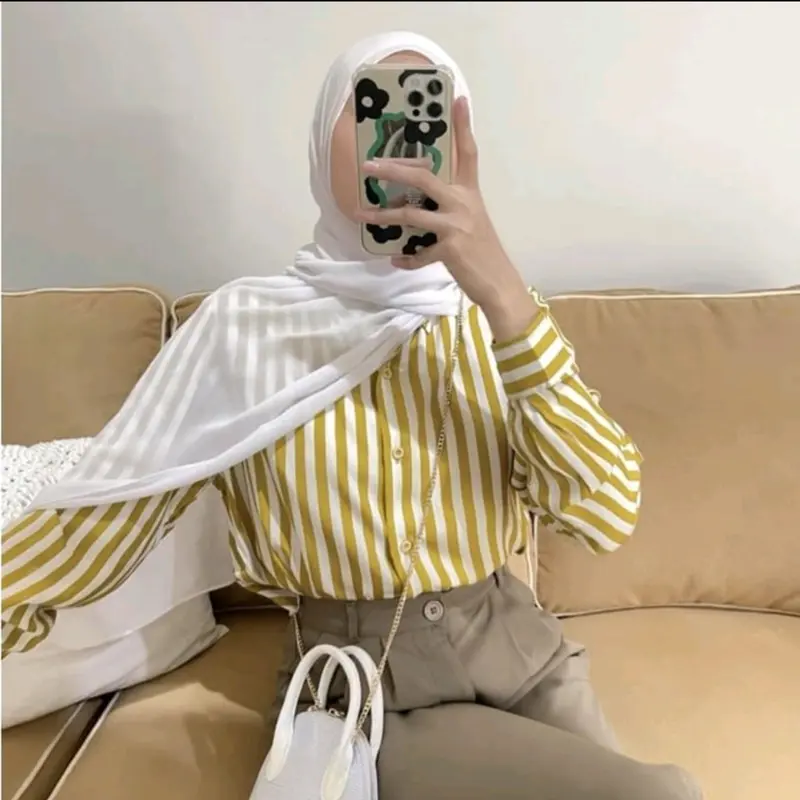 Kemeja Wanita Salur Stripe Polyrayon Size M-L-XL-XXL Atasan Kemeja Lengan Panjang 7