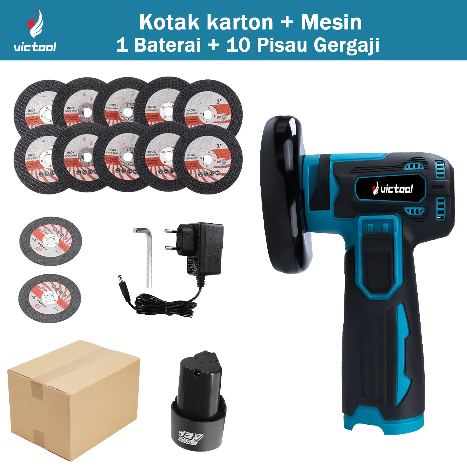Kotak karton + Mesin + 1 Baterai + 10 Pisau Gergaj