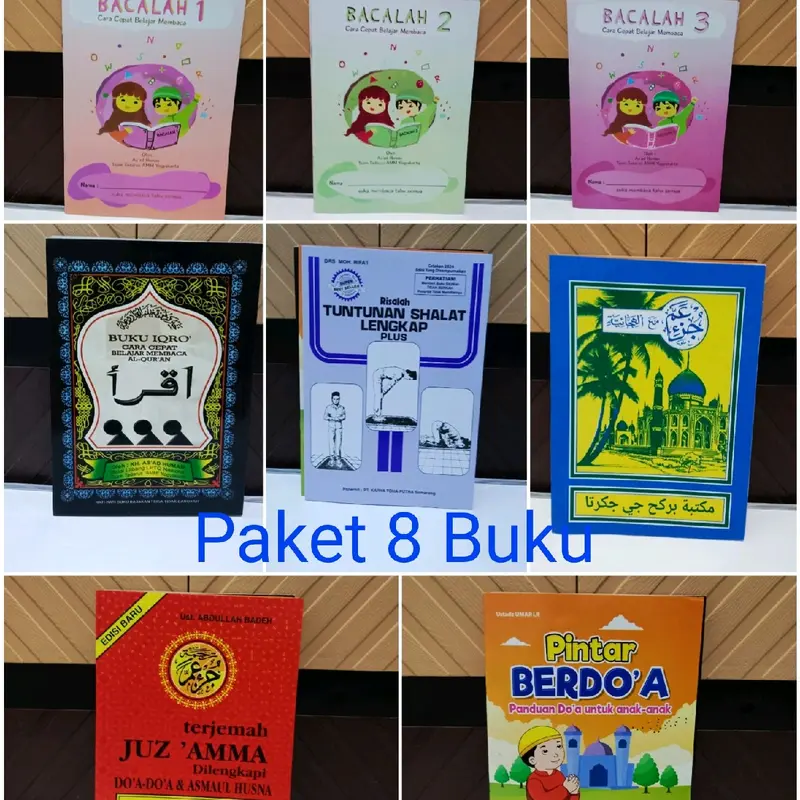 Paket 8 Buku Bacalah jilid  123,IQRO Bendel Besar, Terjemah Juzamma, Risalah Tuntunan Shalat, Juzamma Alip Alipan, Pintar Berdoa Uk A5 21 x 15 Cm 1
