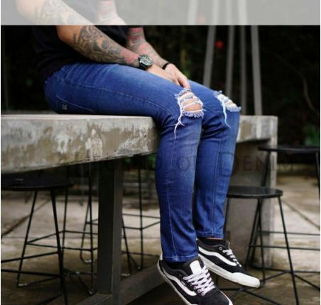Product Introduction of Celana Jeans Pria Handmad Bandung dengan Gaya Sobek Lutut yang Stylish Ripped Panjang Slimfit Tebal Skinny Hitam Stretch Pensil Denim Hitam celana Pendek Dewasa Distro 30