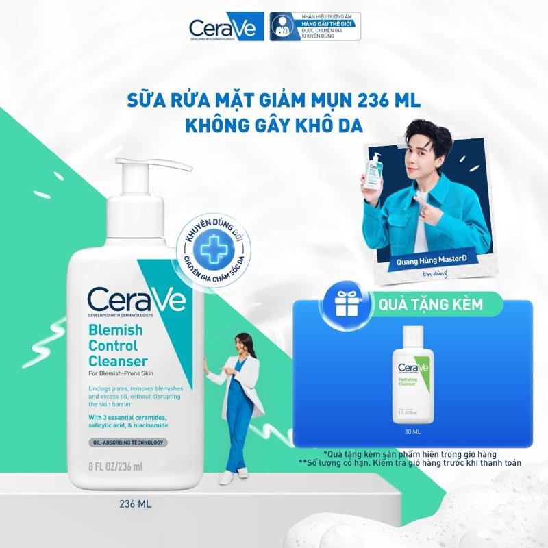 [DEAL SHOCK] Sữa rửa mặt giảm mụn CeraVe Blemish Control Cleanser 236ml. Sữa rửa mặt dịu nhẹ giúp làm sạch bã nhờn dư thừa và giảm mụn với AHA & BHA, không làm tổn thương hàng rào bảo vệ da. DÙNG CHO DA MẶT_ Chăm sóc da_Skincare cho Nam và Nữ_Cleansing
