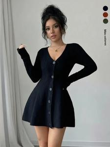 Vestido de punto con cuello en V para mujer, nuevo con detalles de botones, manga larga, cintura corta y falda en línea A para looks casuales y elegantes
