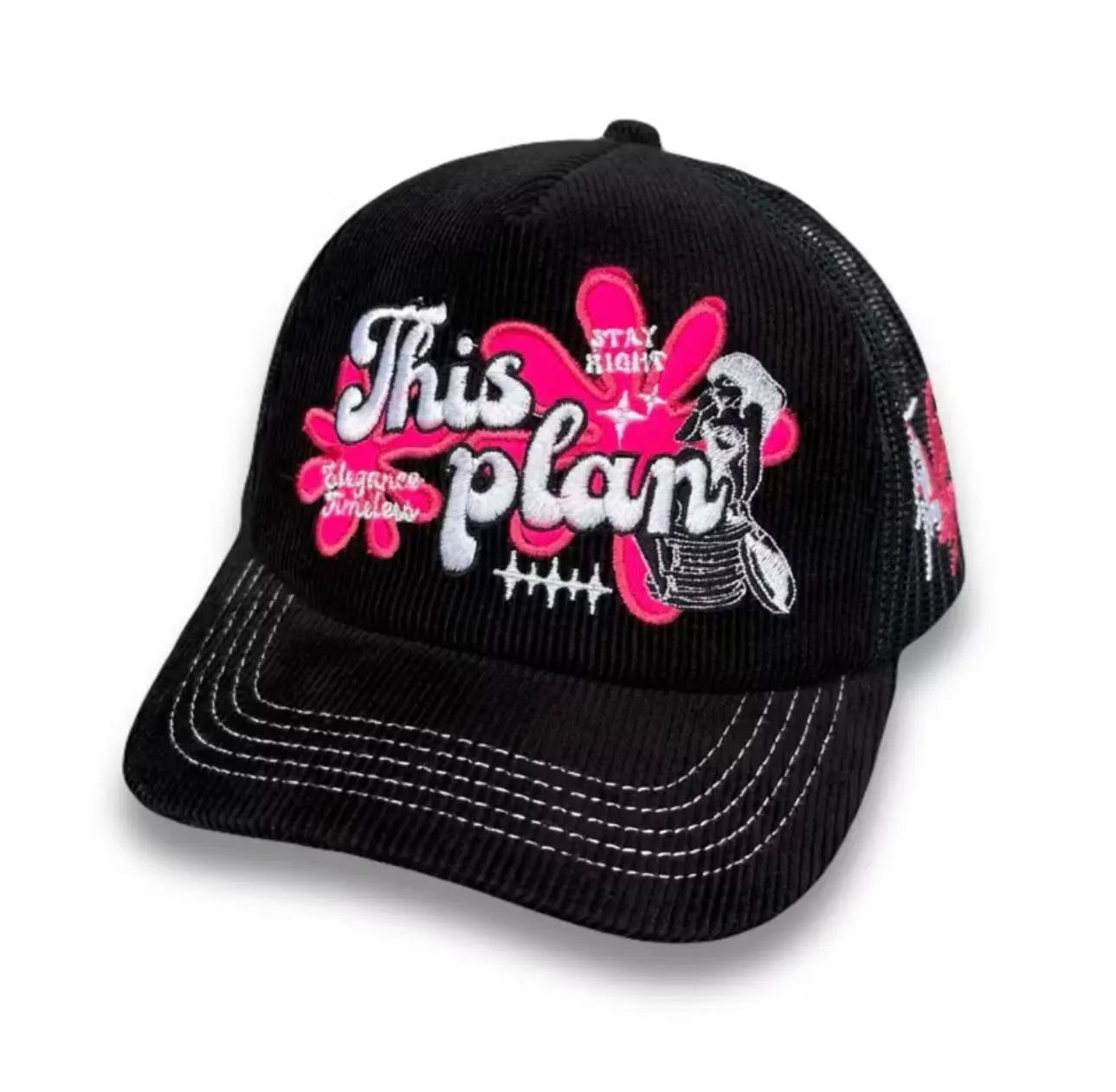 DISKON 70% Topi Jaring Corduroy Trucker Hat Black Elegance Thisplan