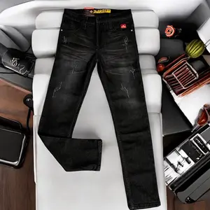 Celana panjang skiny jeans polos black wosh/celana panjang jeans street/celana panjang jeans pria terbaru slimfit denim murah Polos Hitam Low Waist Slim-fitting Ripped High Nyaman