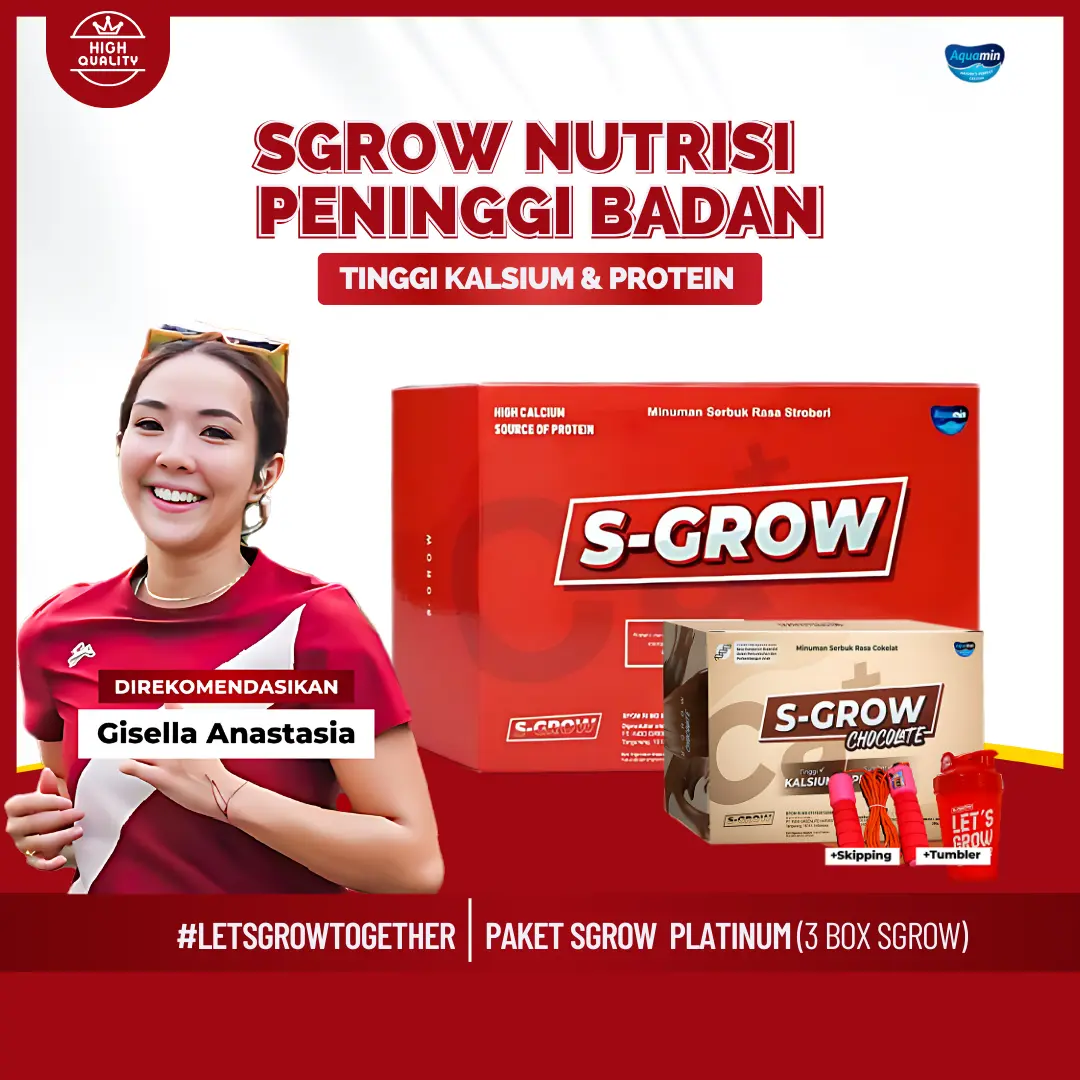 S-GROW Susu Kalsium Murni Stroberi Peninggi Badan BPOM untuk Anak Pria Wanita Usia 8-35 Tahun