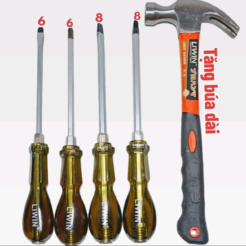 Tặng búa dài combo 4 tua vít đóng 1 đầu hàng liwin 2 tua vít 6×150 ke+dẹp và 8×150 ke +dep thép cứng chống gỉ