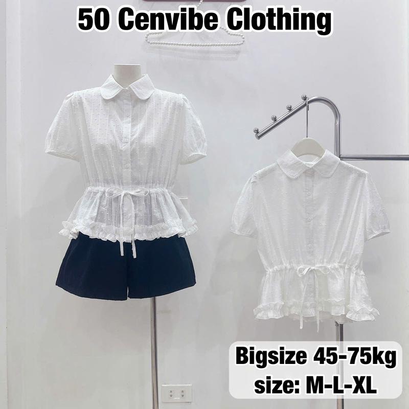 Áo Sơ Mi Nữ Cộc Tay Buộc Dây Eo Cổ Sen Chất Thô Boi Mát Có Bigsize 45-75kg Phong Cách Korea (50 Cenvibe Clothing) #314
