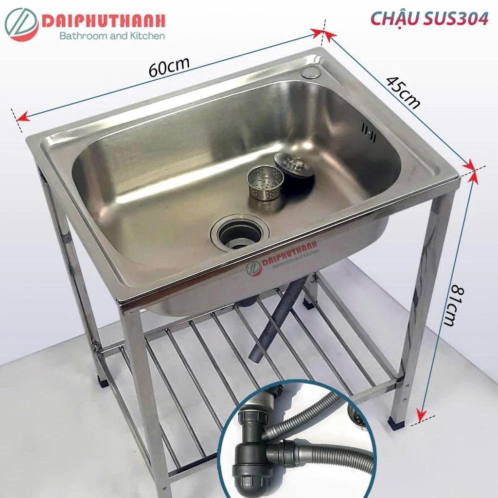 Chậu Rửa Chén Bát 1 Hộc Inox SUS304 Có Chân 60x45cm Kèm Vòi - Mua đủ bộ có vòi Tặng rổ nhựa lọc rác